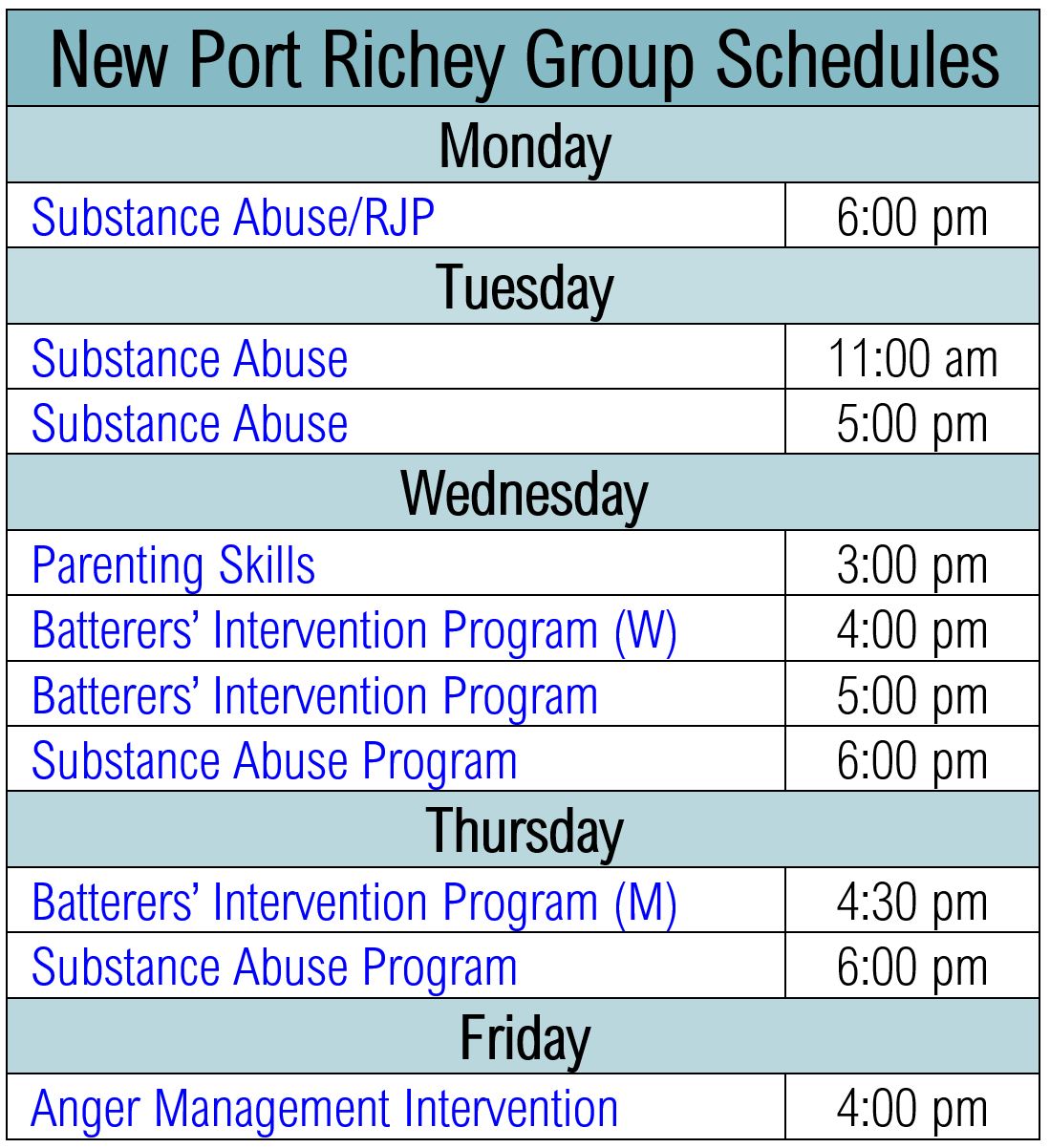 Schedules by Location